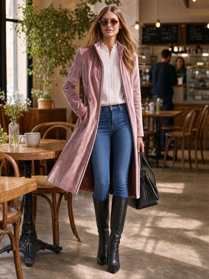 Casual Retro Zebra Print Pink Velvet Mid-length Coat