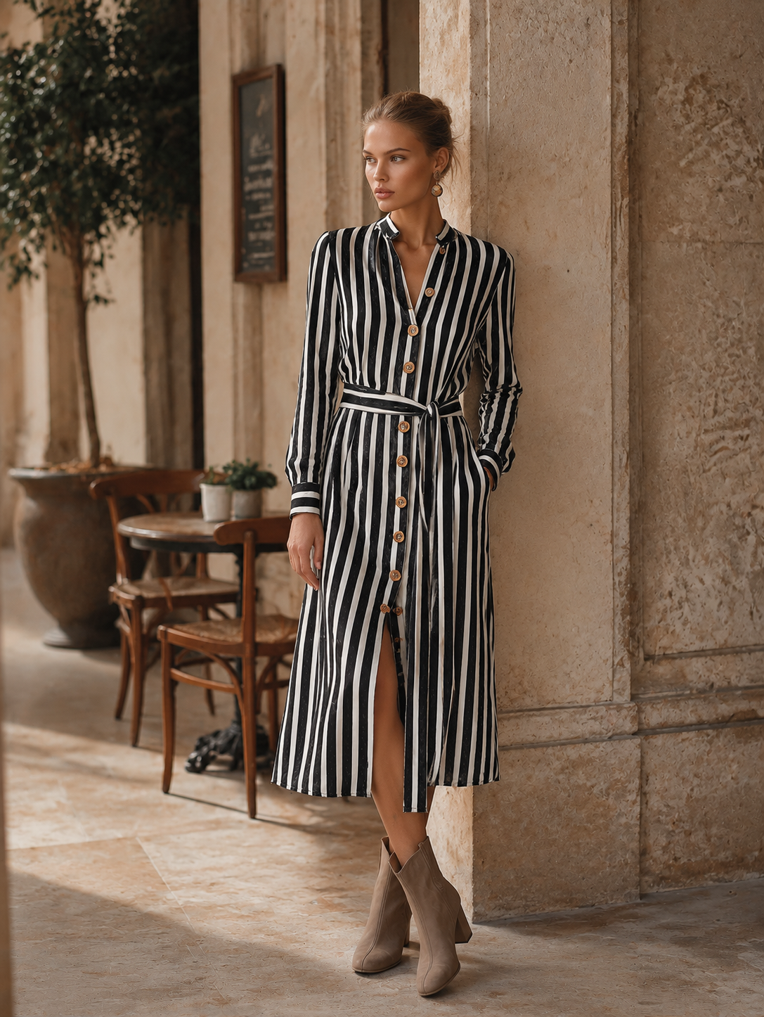 Elegant Urban Striped Single-Breasted Velvet Midi Dress