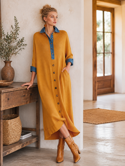 Trendy Oversized Color-block Trim Yellow Knit Midi Dress