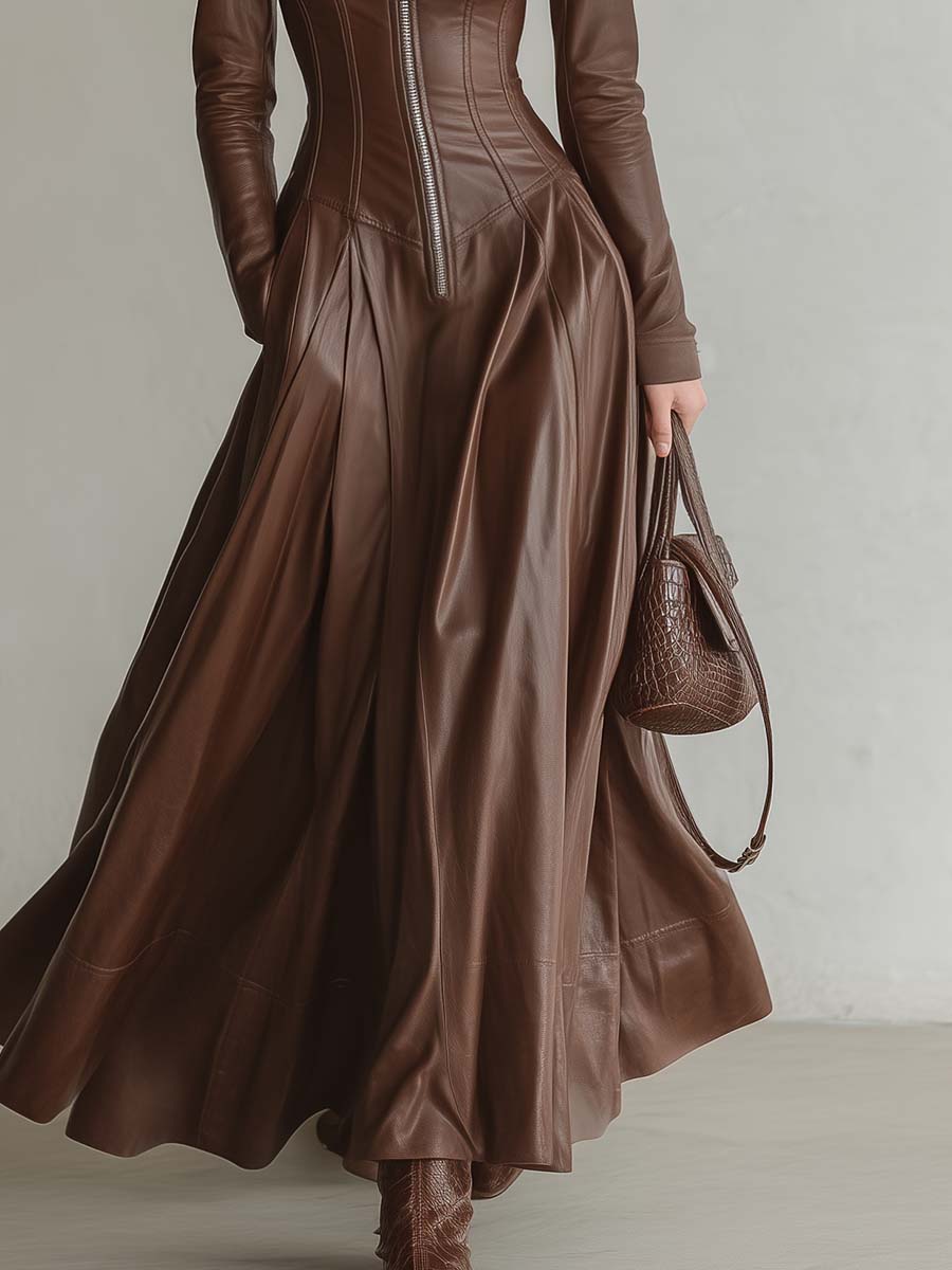 Elegant Vintage Lapel Front Zipper Paneled Brown Faux Leather Maxi Dress