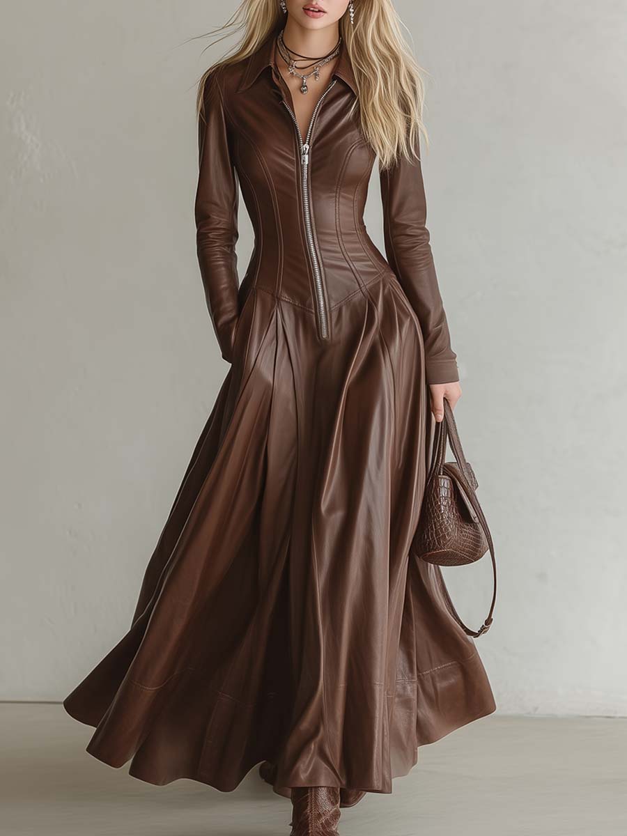 Elegant Vintage Lapel Front Zipper Paneled Brown Faux Leather Maxi Dress