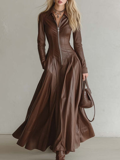 Elegant Vintage Lapel Front Zipper Paneled Brown Faux Leather Maxi Dress