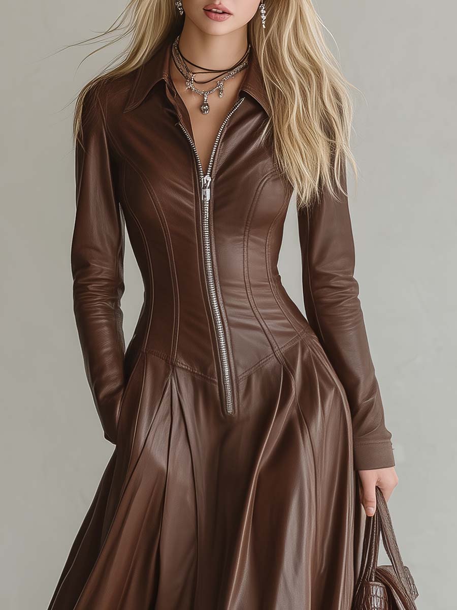 Elegant Vintage Lapel Front Zipper Paneled Brown Faux Leather Maxi Dress