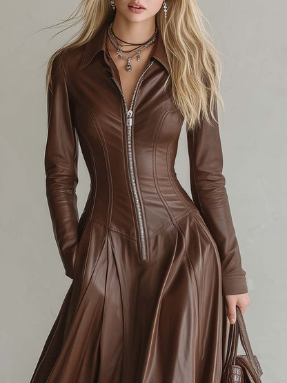 Elegant Vintage Lapel Front Zipper Paneled Brown Faux Leather Maxi Dress