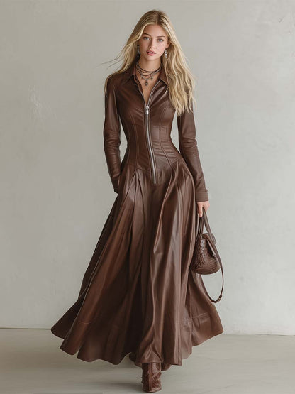 Elegant Vintage Lapel Front Zipper Paneled Brown Faux Leather Maxi Dress