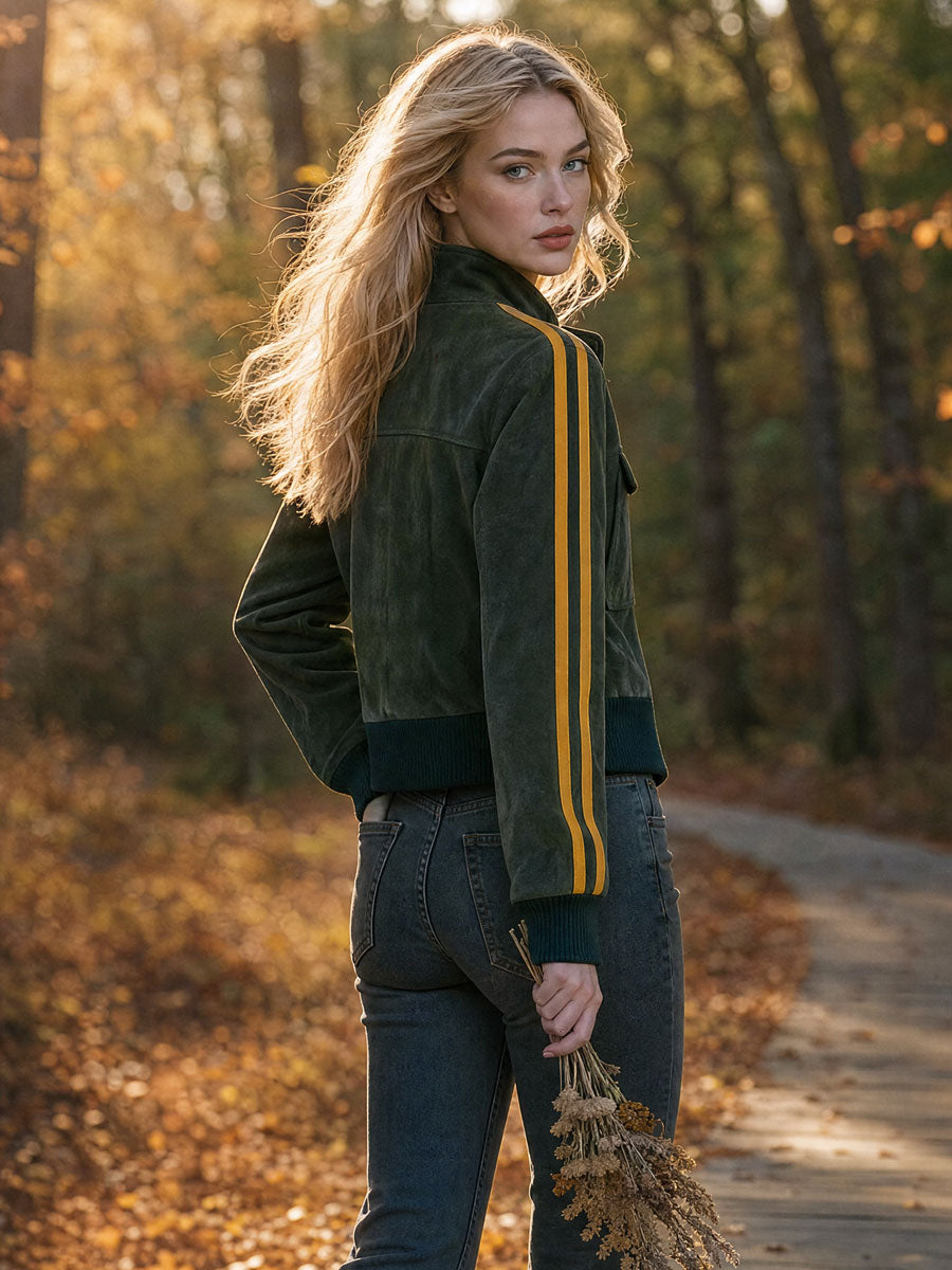 Casual Retro Color-blocked Striped Green Faux Suede Jacket