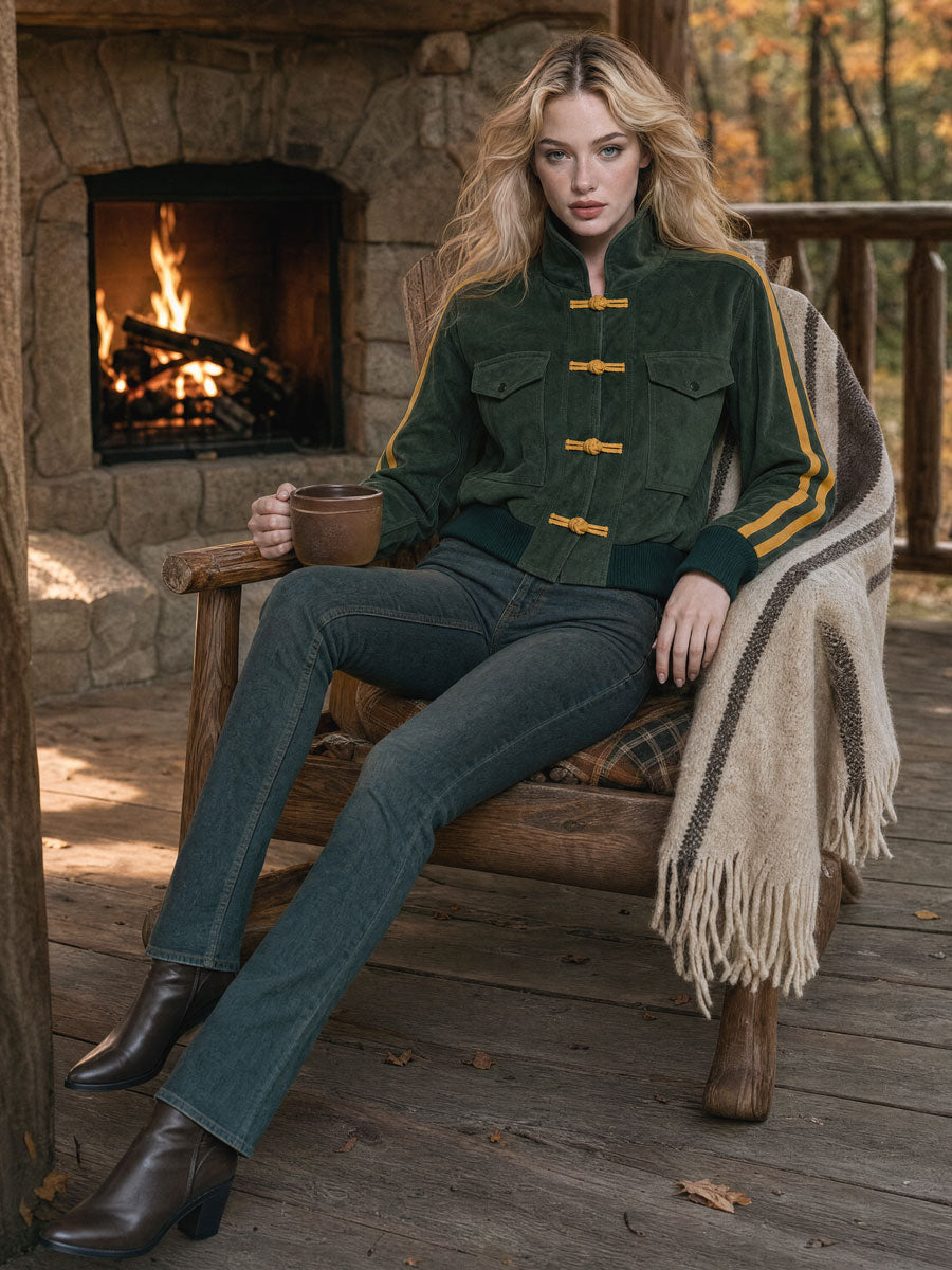 Casual Retro Color-blocked Striped Green Faux Suede Jacket