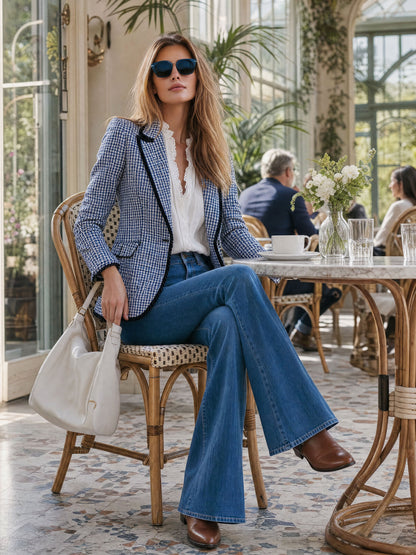Casual Retro Knotted Ribbon Blue Plaid Blazer