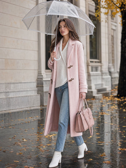 Retro-elegant Pink Tweed Coat With Turn-down Collar And Duffle Coat