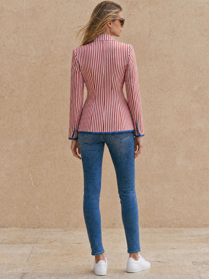 Casual Retro Blue And Red And White Striped Blazer