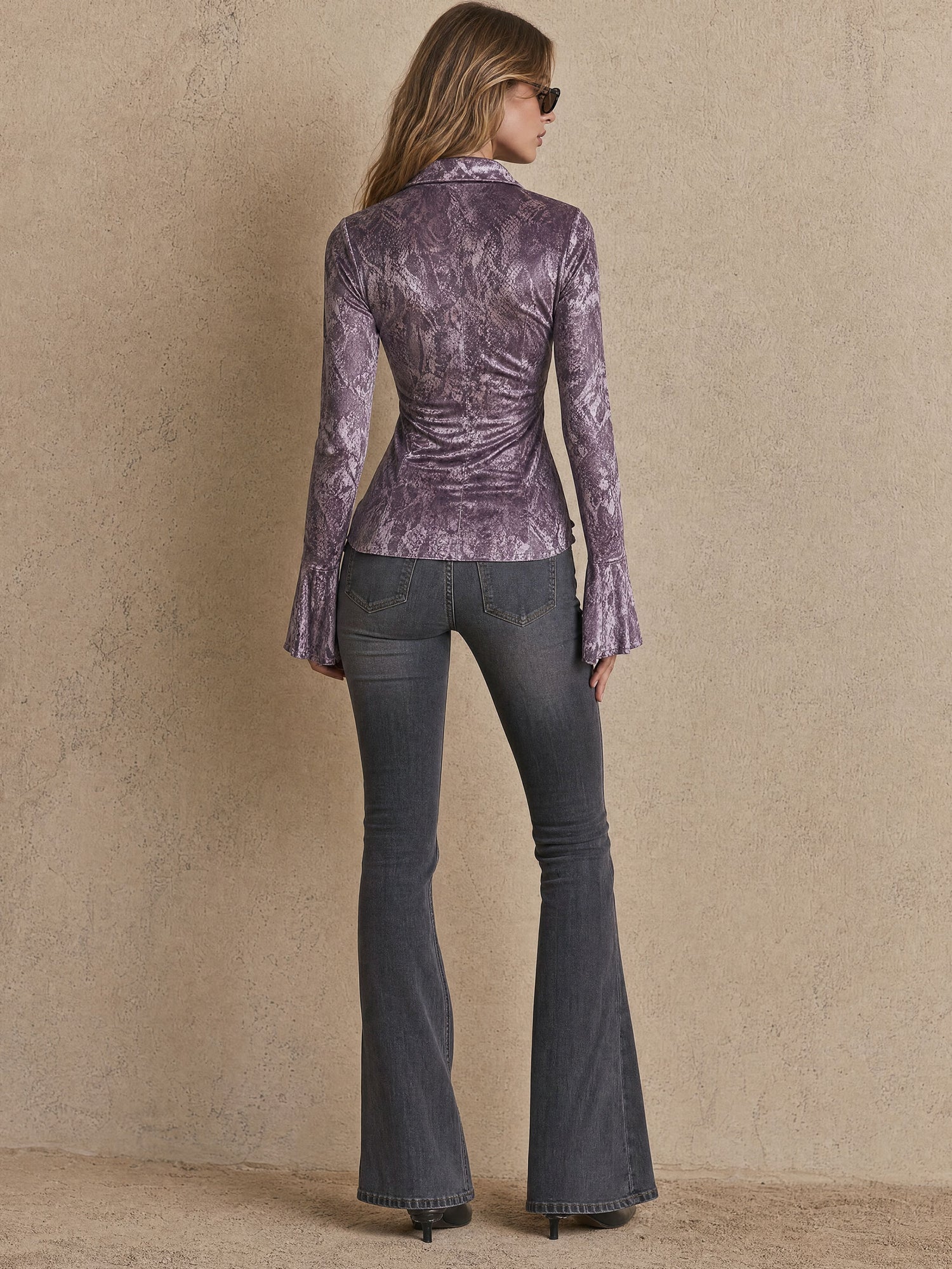 Casual Retro Ruffled Snakeskin Purple Velvet Long-sleeved Shirt