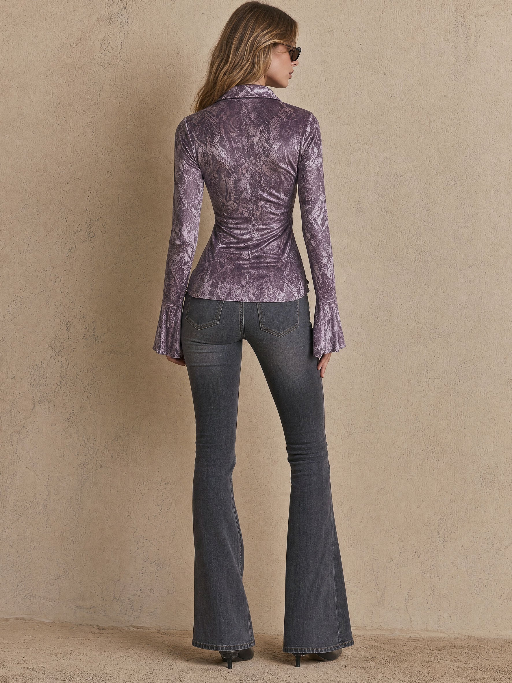 Casual Retro Ruffled Snakeskin Purple Velvet Long-sleeved Shirt