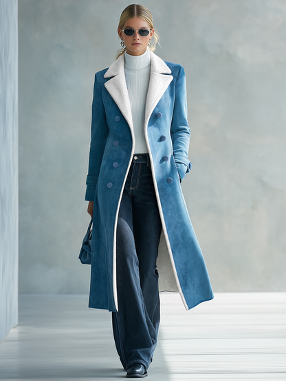 Retro Blue Faux Suede Long Coat With Sherpa Lining And Covered Buttons