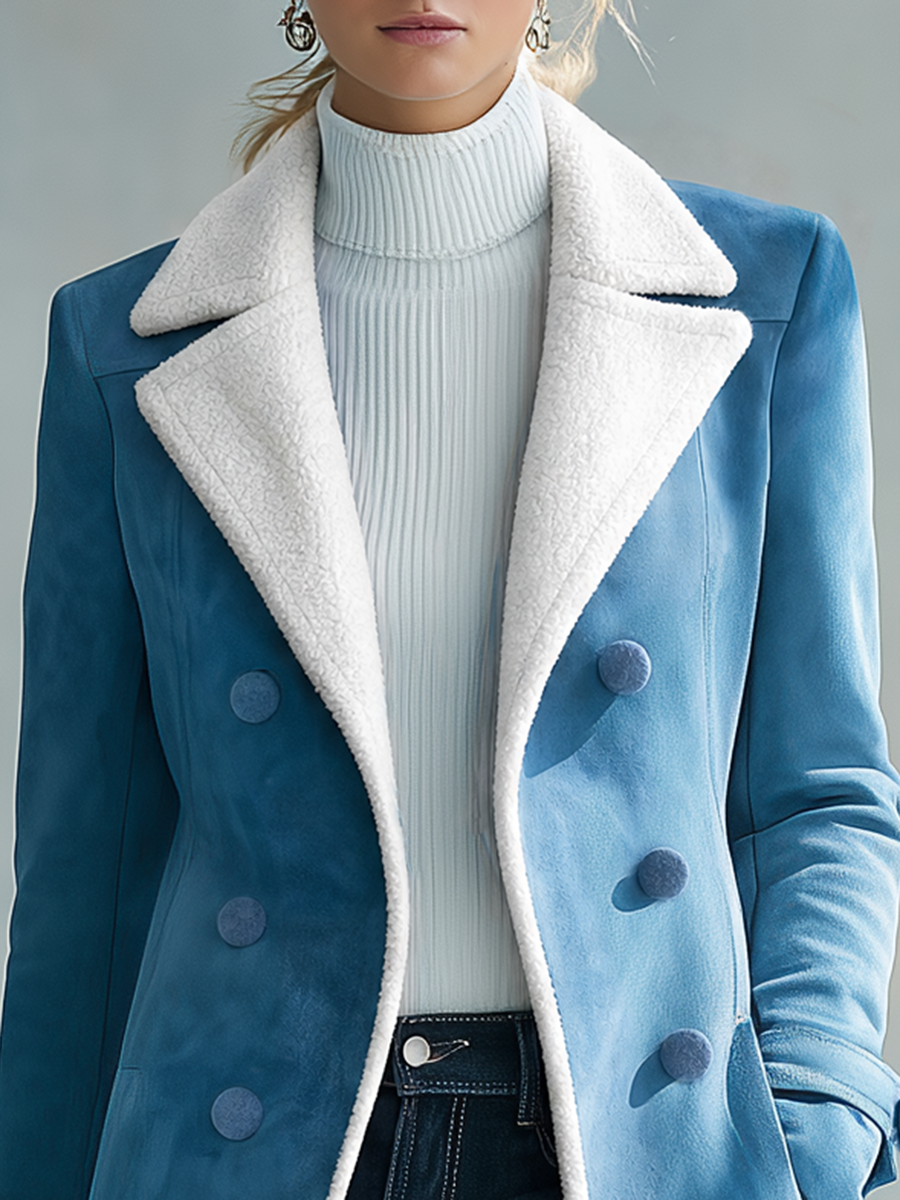 Retro Blue Faux Suede Long Coat With Sherpa Lining And Covered Buttons