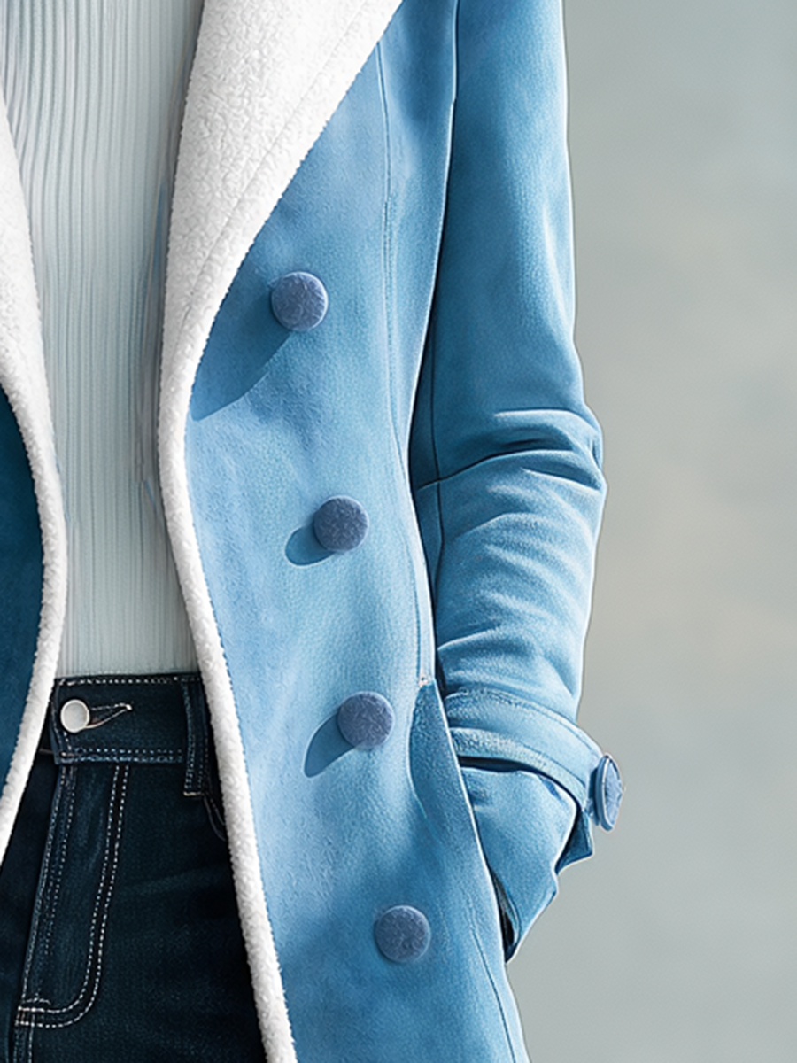 Retro Blue Faux Suede Long Coat With Sherpa Lining And Covered Buttons