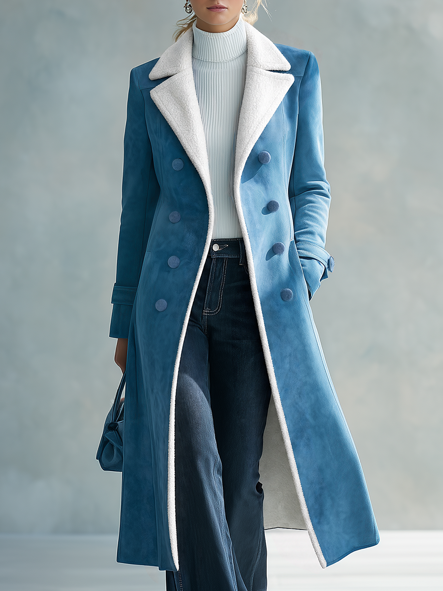 Retro Blue Faux Suede Long Coat With Sherpa Lining And Covered Buttons
