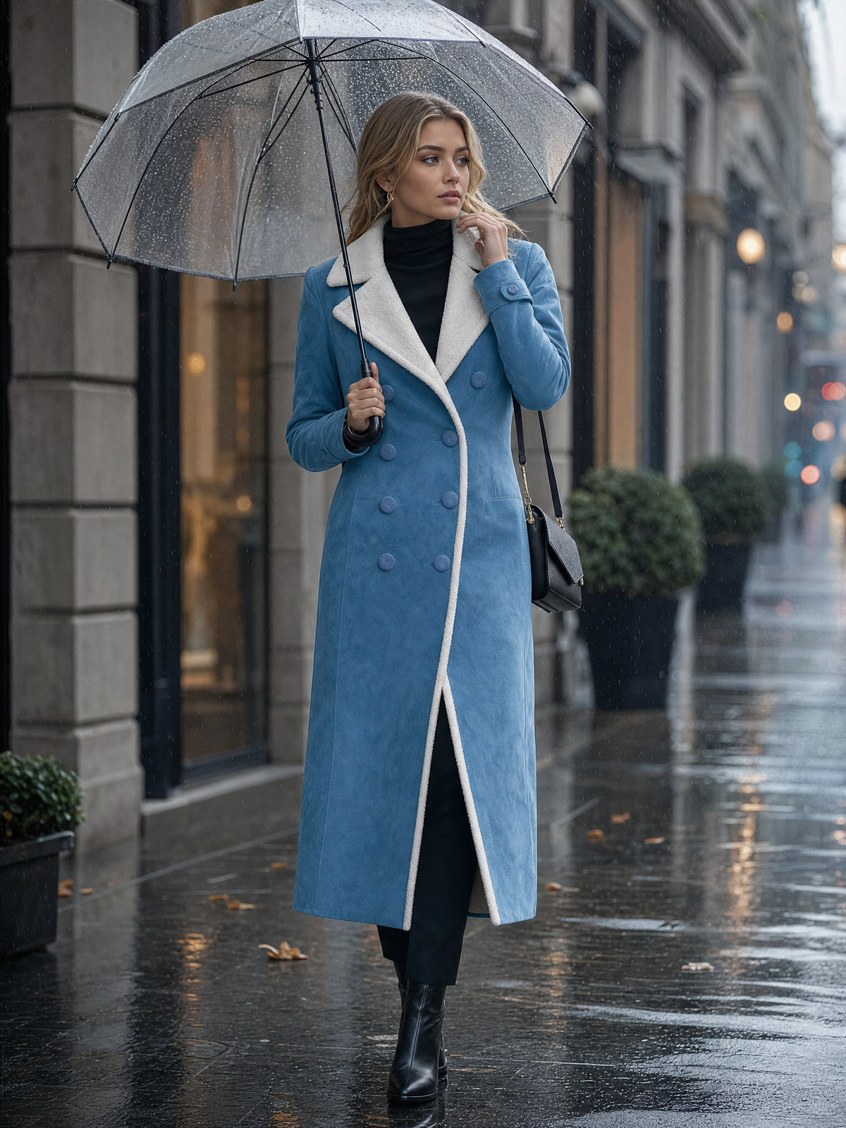 Retro Blue Faux Suede Long Coat With Sherpa Lining And Covered Buttons