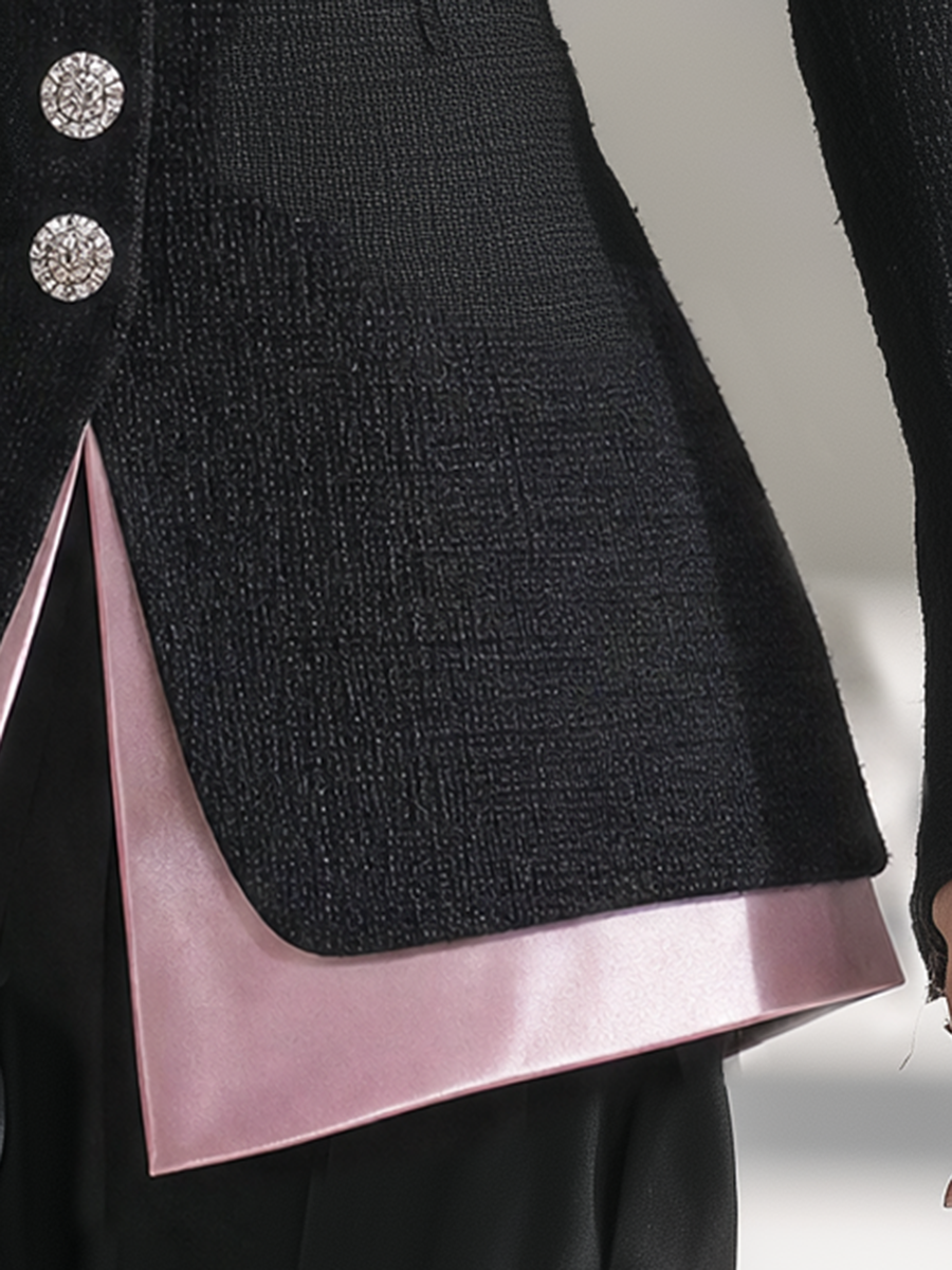 Black Tweed And Pink Satin Jacket With A Retro Casual And Elegant Style