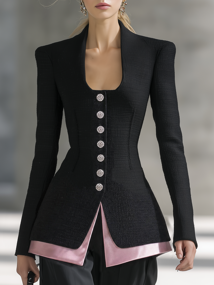 Black Tweed And Pink Satin Jacket With A Retro Casual And Elegant Style