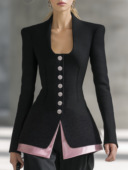 Black Tweed And Pink Satin Jacket With A Retro Casual And Elegant Style