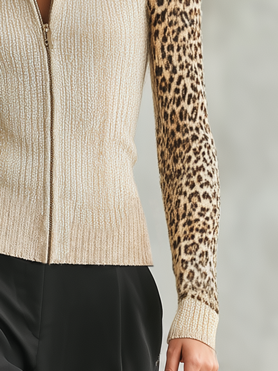 Retro-chic Knit Top With Leopard-print Sleeves
