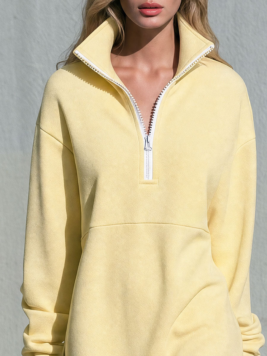 Stylish Retro Yellow Collared Half-zip Cotton Maxi Dress