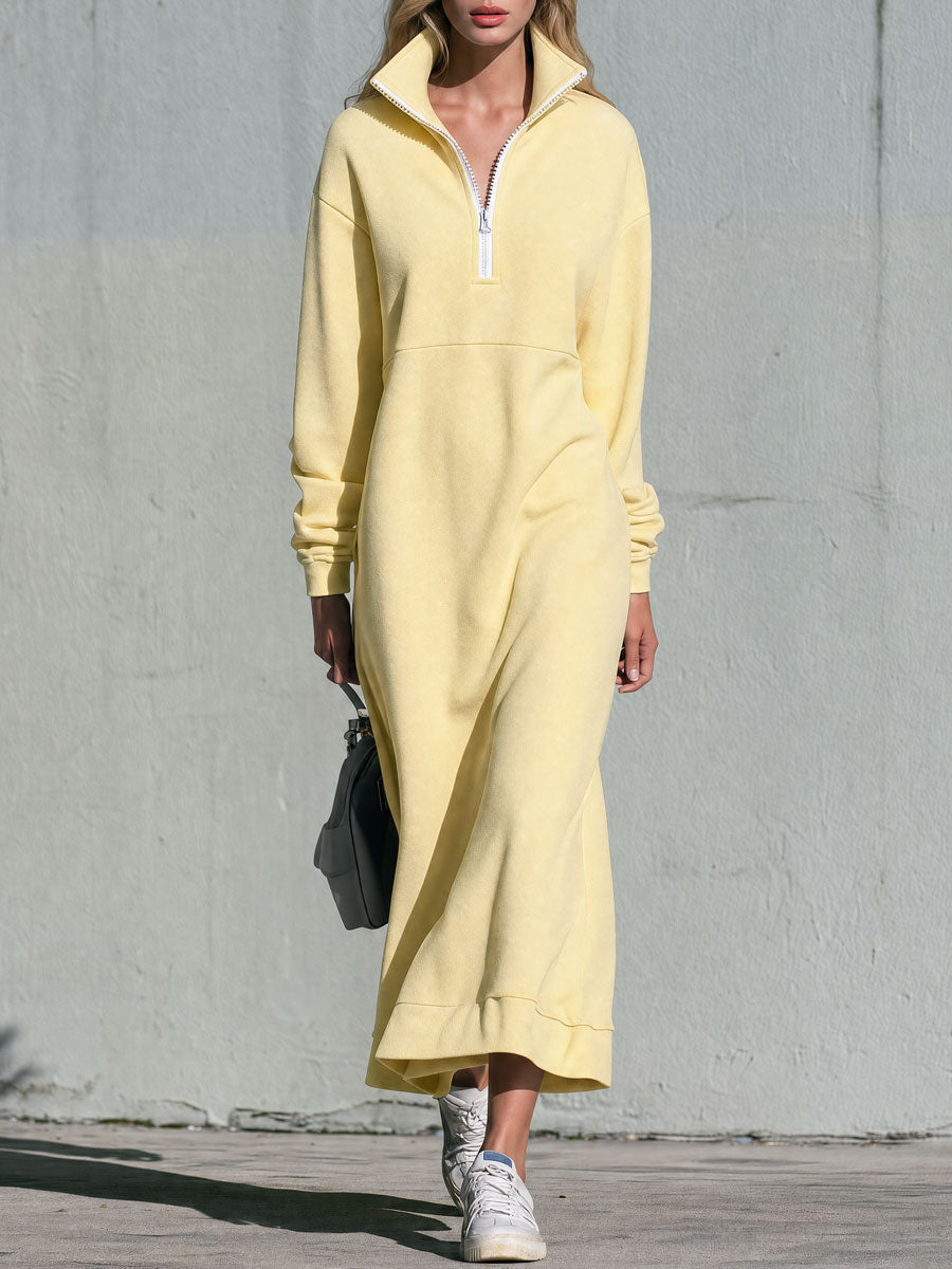 Stylish Retro Yellow Collared Half-zip Cotton Maxi Dress
