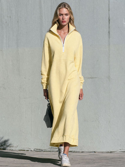 Stylish Retro Yellow Collared Half-zip Cotton Maxi Dress