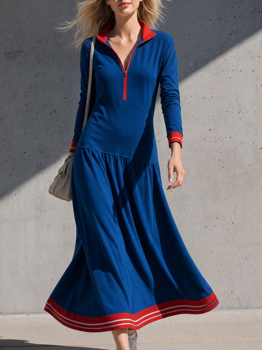 Casual Retro Color-blocked Trim Blue Collar Low-waisted Cotton Midi Dress