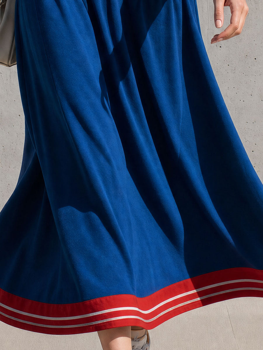 Casual Retro Color-blocked Trim Blue Collar Low-waisted Cotton Midi Dress