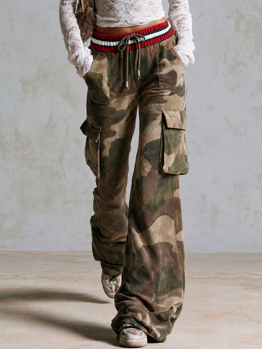 Retro Camouflage Faux Suede Print Color-blocked Elastic Waist Pants