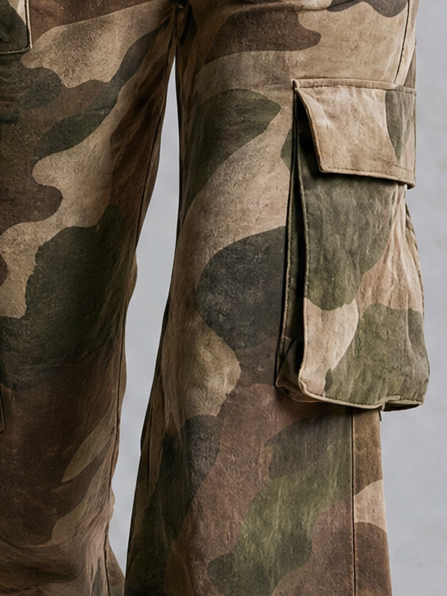 Retro Camouflage Faux Suede Print Color-blocked Elastic Waist Pants