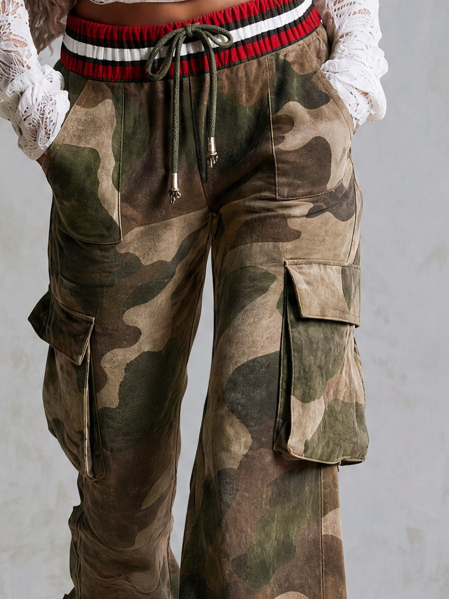 Retro Camouflage Faux Suede Print Color-blocked Elastic Waist Pants
