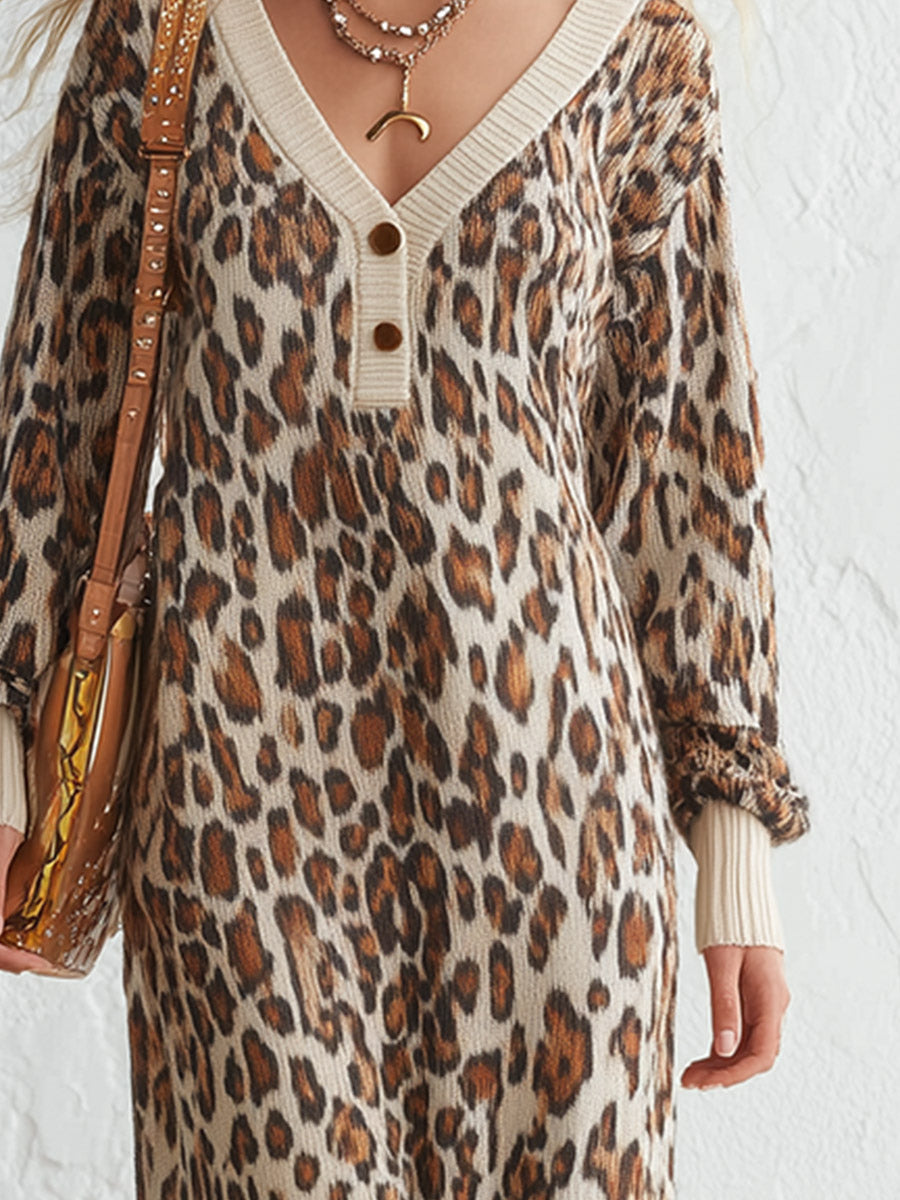 Cozy Beige Leopard Pattern V-Neck Knitted Maxi Dress