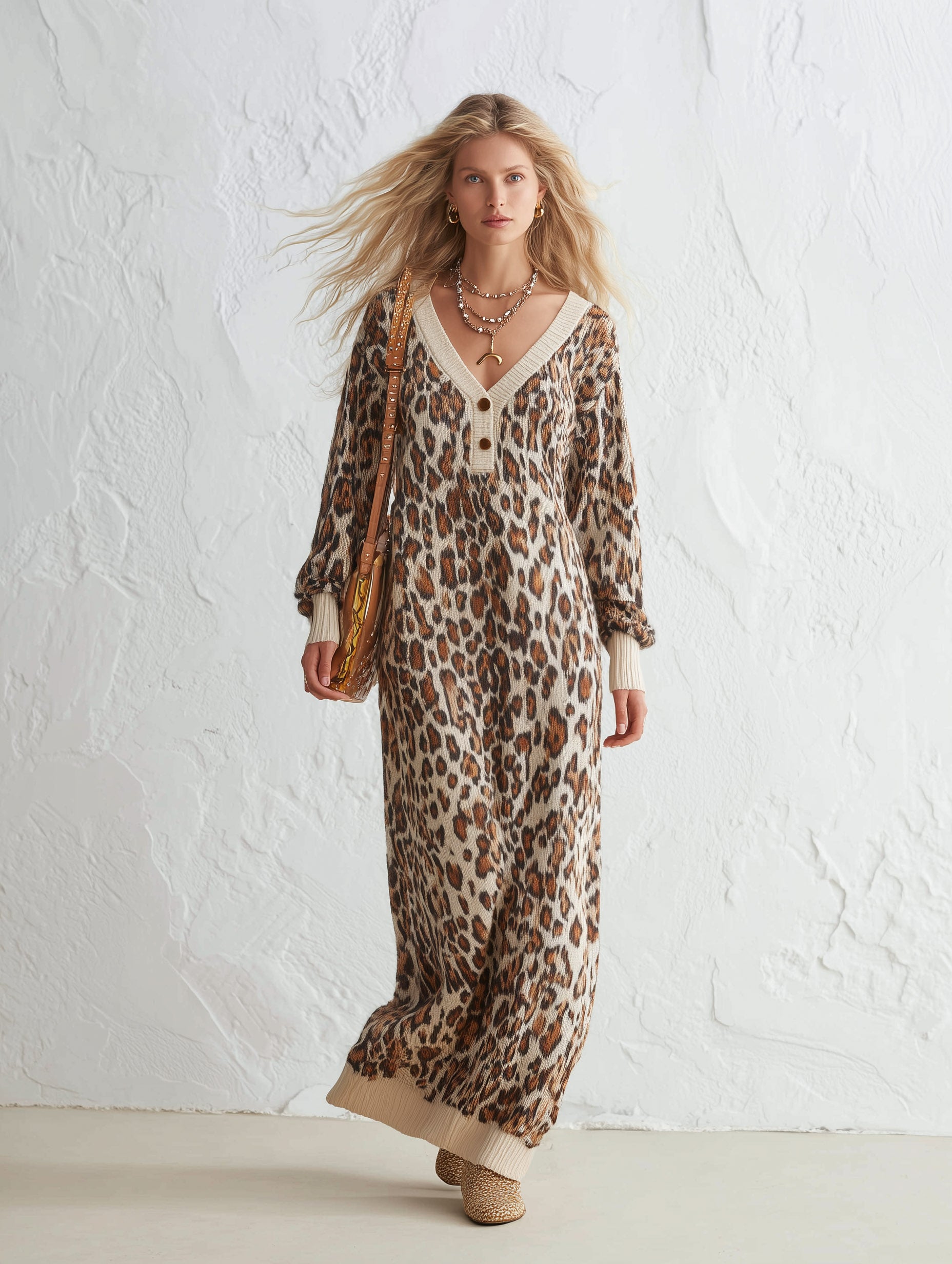 Cozy Beige Leopard Pattern V-Neck Knitted Maxi Dress