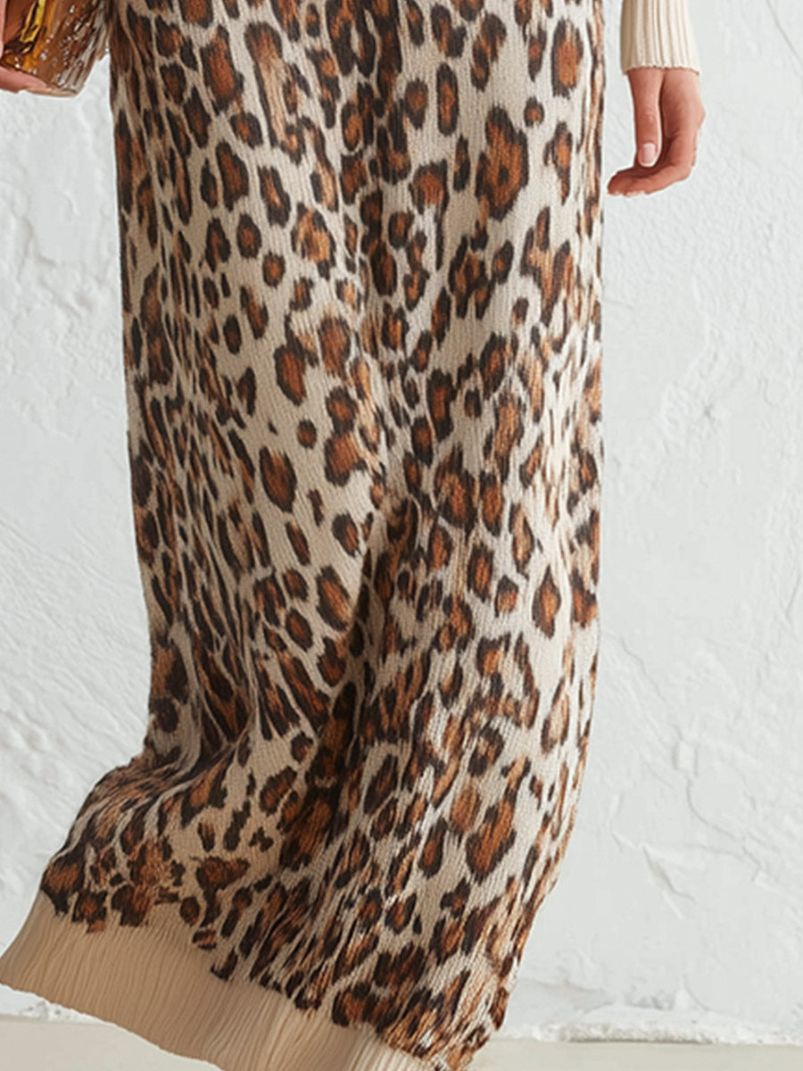 Cozy Beige Leopard Pattern V-Neck Knitted Maxi Dress