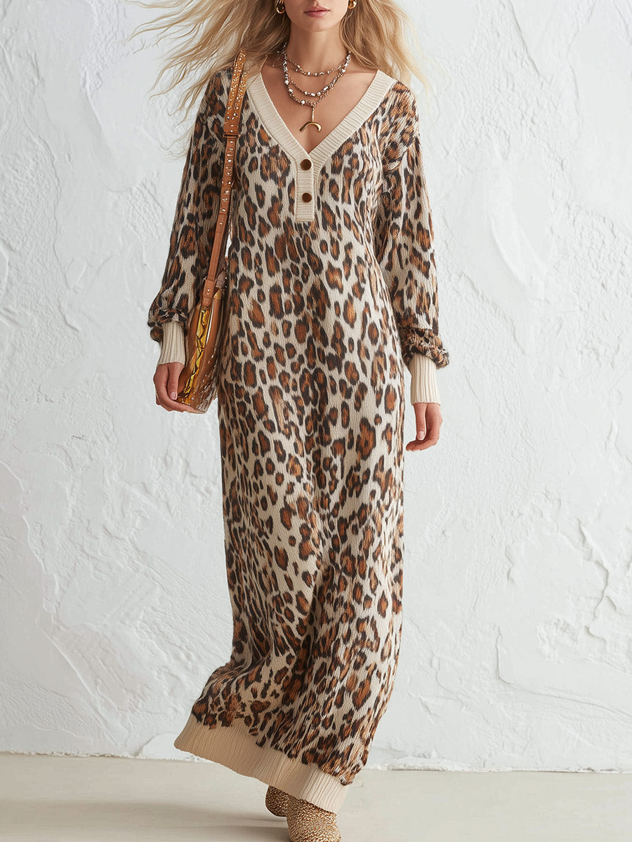 Cozy Beige Leopard Pattern V-Neck Knitted Maxi Dress