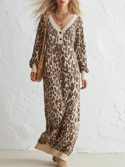 Cozy Beige Leopard Pattern V-Neck Knitted Maxi Dress