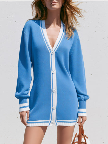 Casual Retro Striped Patchwork Blue Knit Cardigan Mini Dress