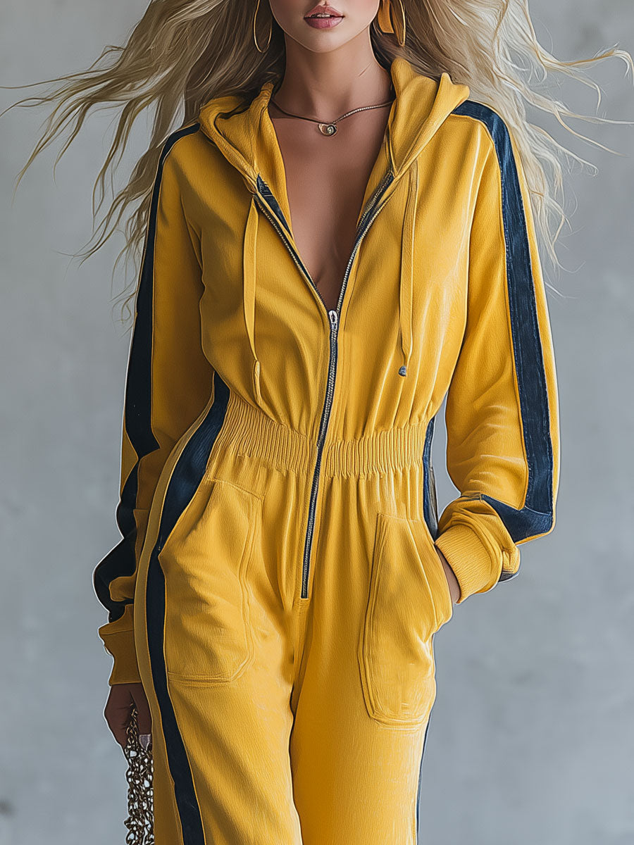 Casual Retro Blue Trim Yellow Hooded Cotton Jumpsuit