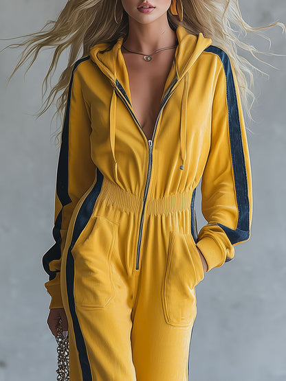 Casual Retro Blue Trim Yellow Hooded Cotton Jumpsuit