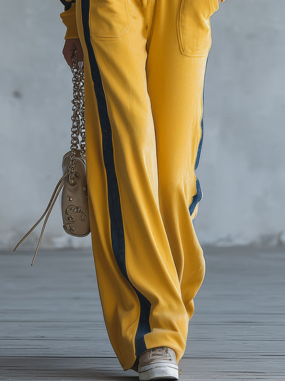 Casual Retro Blue Trim Yellow Hooded Cotton Jumpsuit