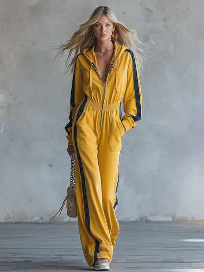 Casual Retro Blue Trim Yellow Hooded Cotton Jumpsuit