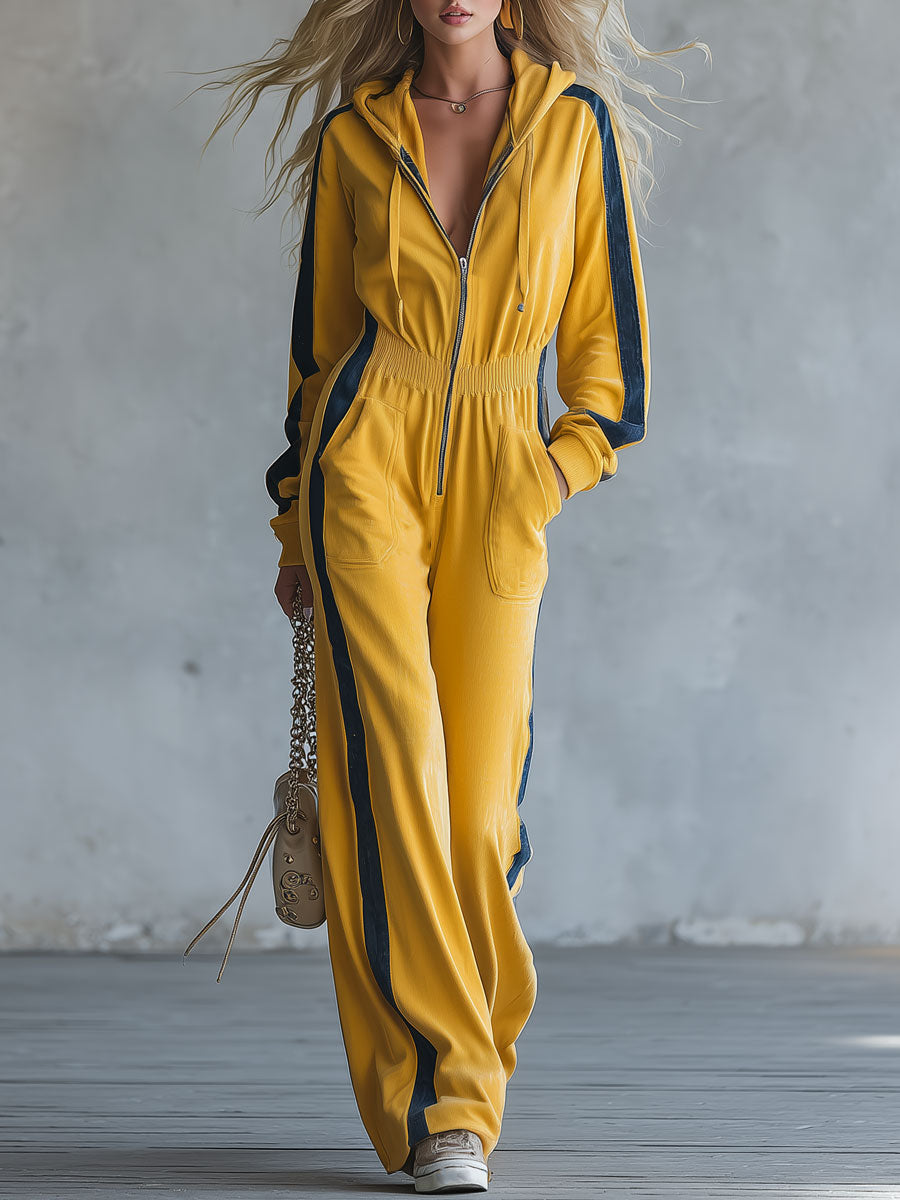 Casual Retro Blue Trim Yellow Hooded Cotton Jumpsuit