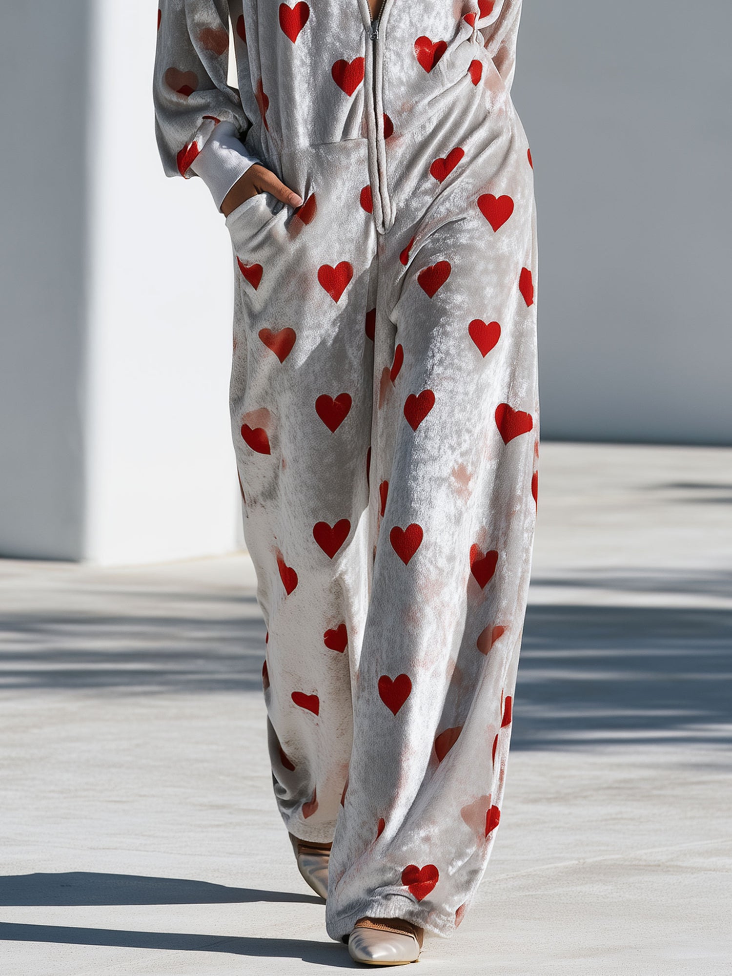 Casual Retro Heart Print Gray Velvet Hooded Zip-up Jumpsuit