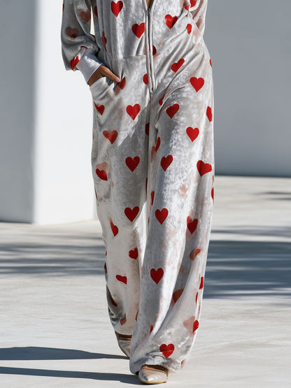 Casual Retro Heart Print Gray Velvet Hooded Zip-up Jumpsuit