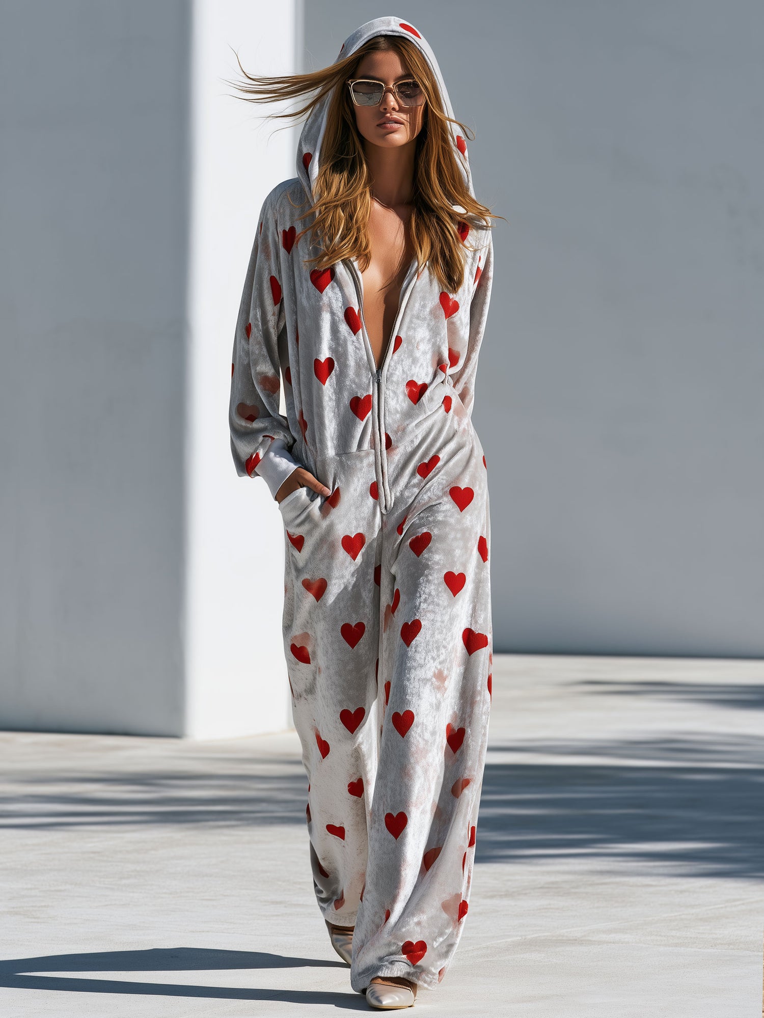 Casual Retro Heart Print Gray Velvet Hooded Zip-up Jumpsuit
