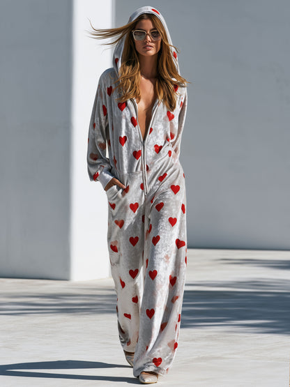 Casual Retro Heart Print Gray Velvet Hooded Zip-up Jumpsuit