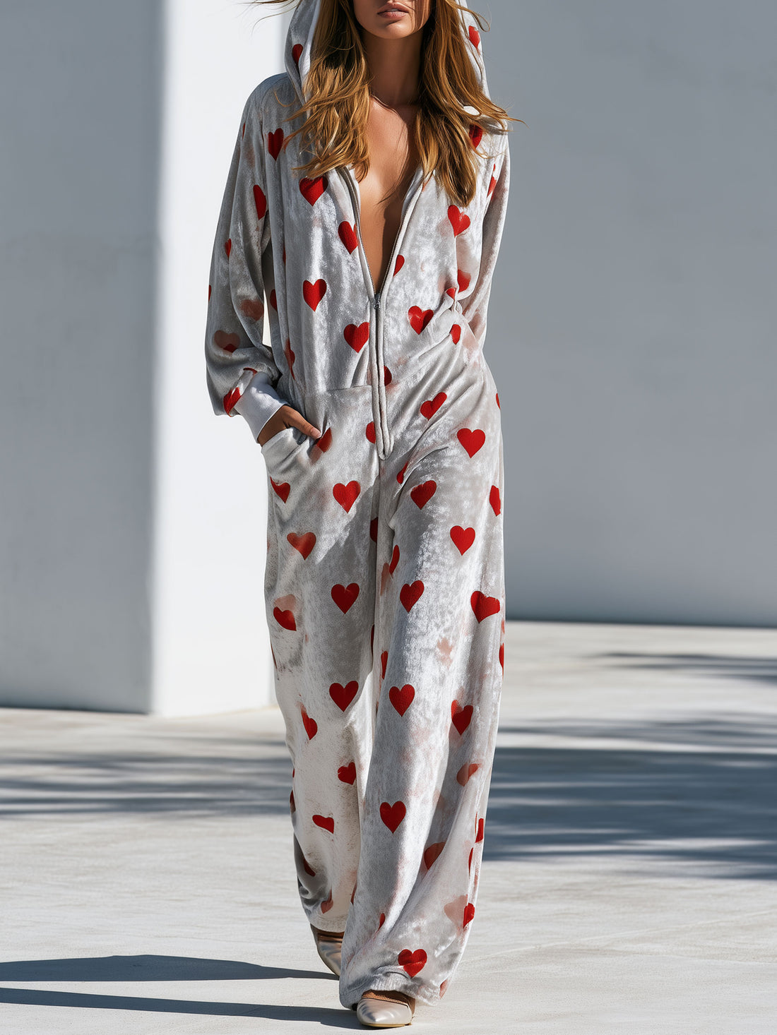 Casual Retro Heart Print Gray Velvet Hooded Zip-up Jumpsuit