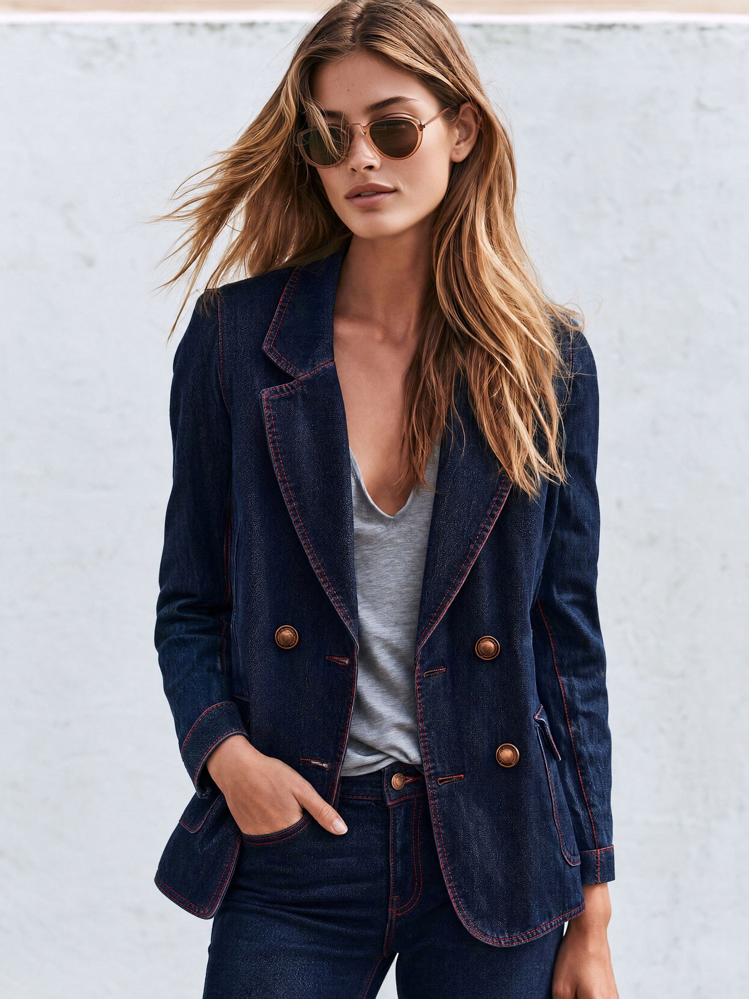 Casual Retro Red-stitched Navy Blue Denim Blazer